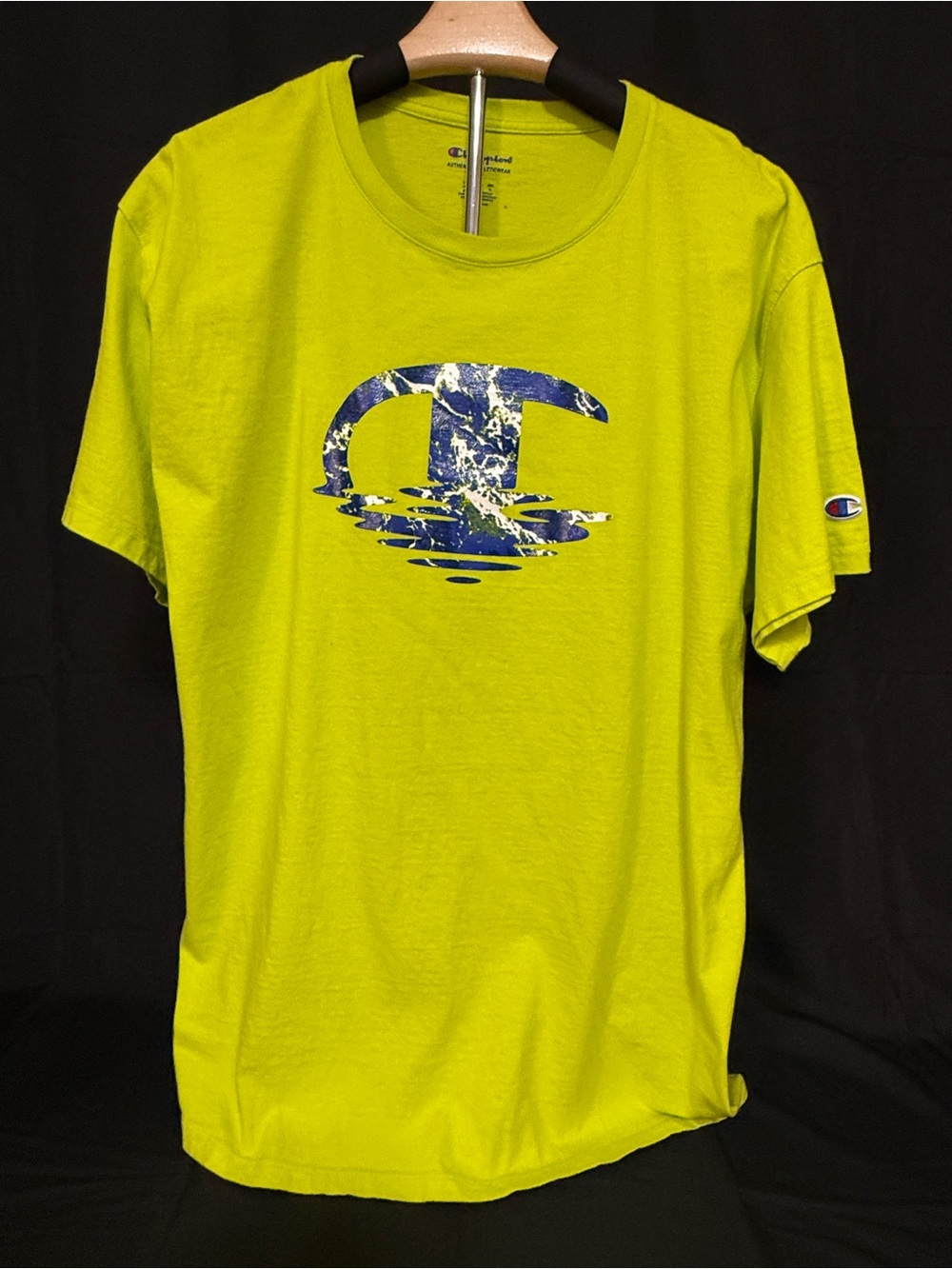 Champion Neon Green Short Sleeve Tee with Blue Graphic Logo